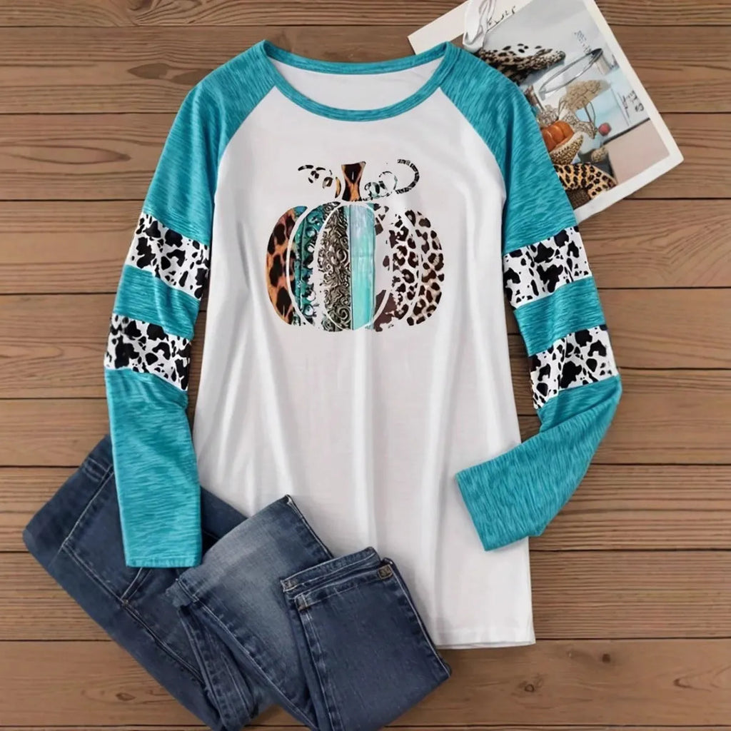 Sky blue Halloween T-shirt with white 3D printed pumpkin design in regular fit pullover style