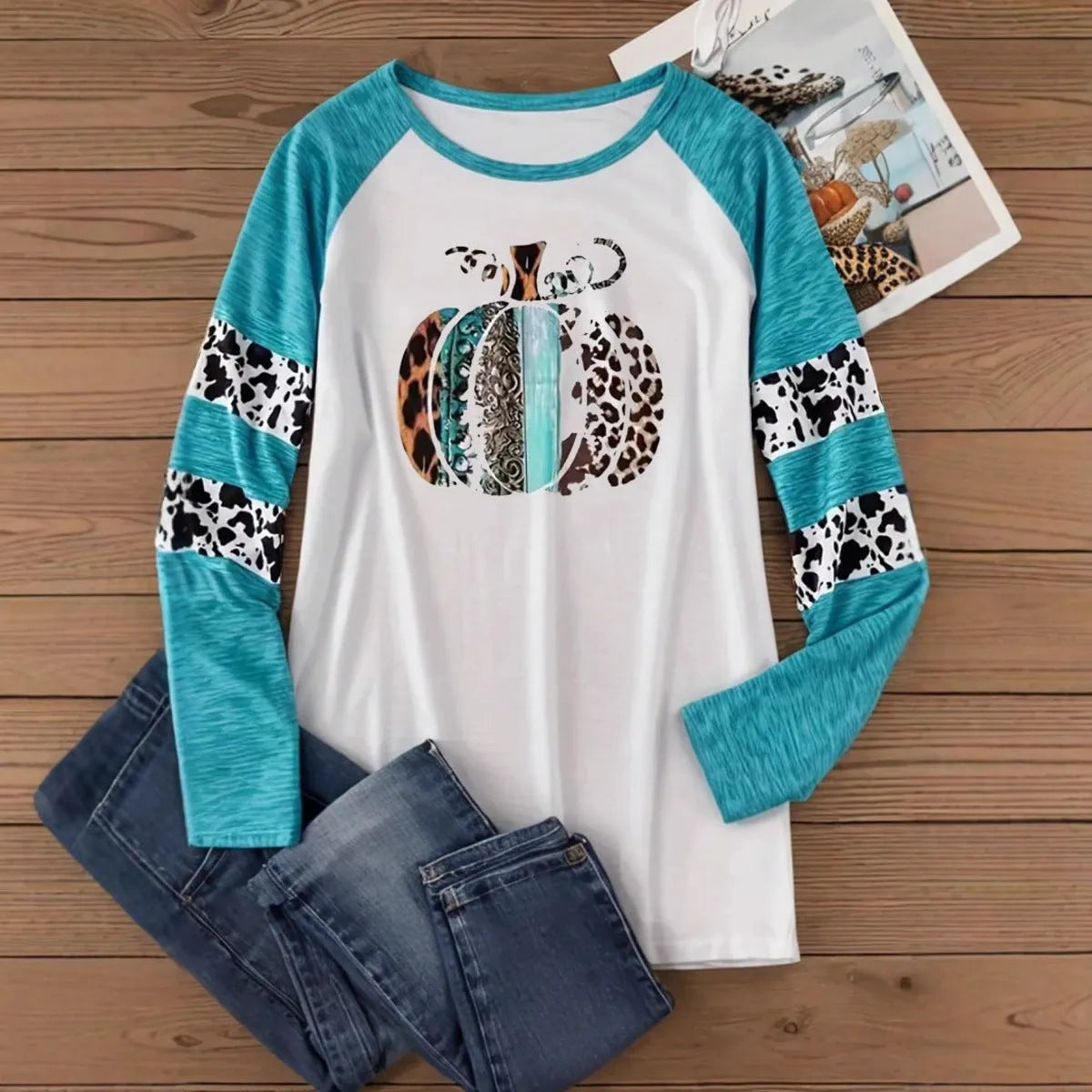 Sky blue Halloween T-shirt with white 3D printed pumpkin design in regular fit pullover style