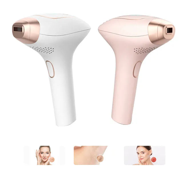Pink and white three-in-one ice-sensing laser hair removal device with shaver and accessories