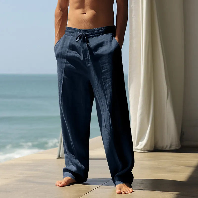 Men's loose fit cotton casual trousers in solid colours showing relaxed silhouette