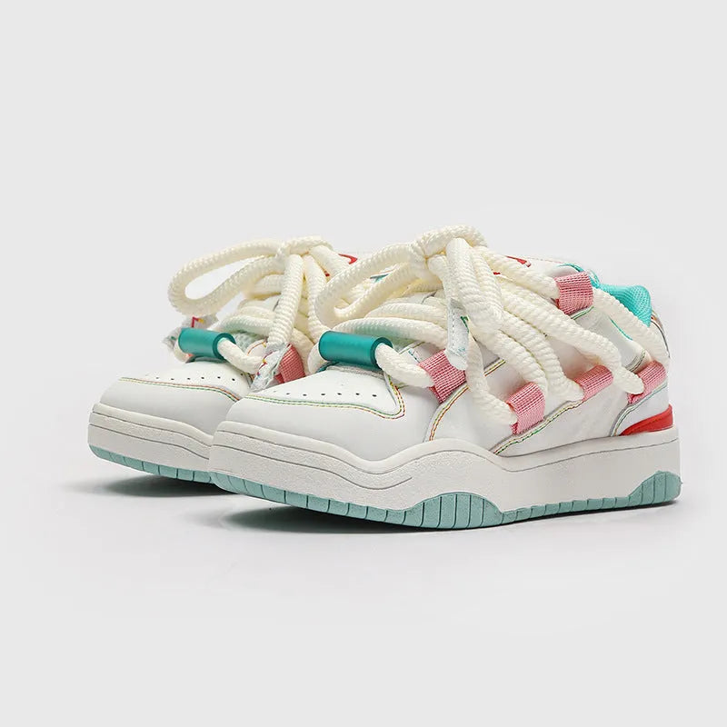Casual thick bottom lace-up shoes in creamy white colour with round toe and flat heel design
