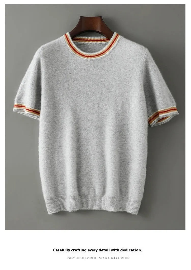 Men's pure wool short sleeve sweater round neck pullover in black, gray, white colours