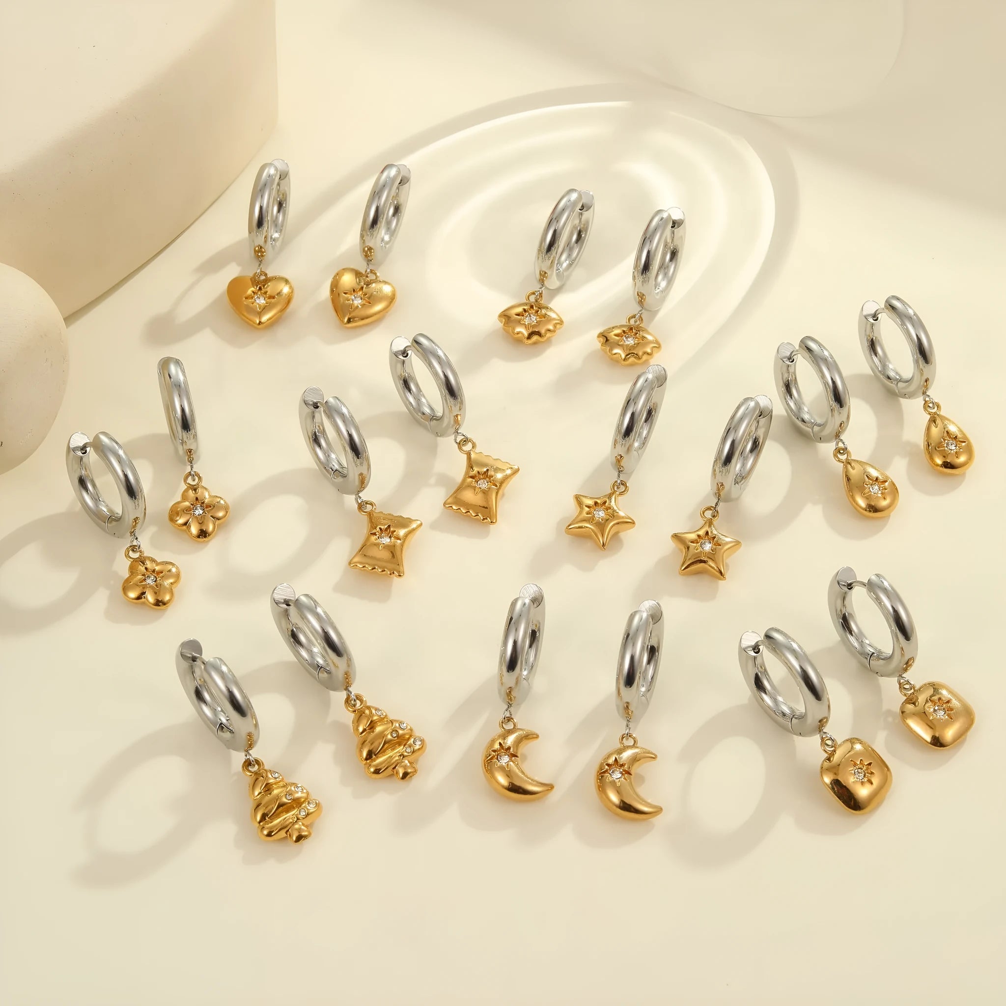 Stainless steel Christmas tree heart earrings with 18K gold electroplating and star geometry