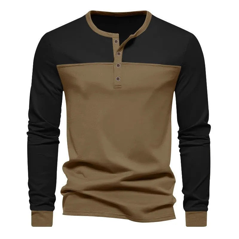 Men's long-sleeve Henley collar casual shirt in beaded twill polyester fabric