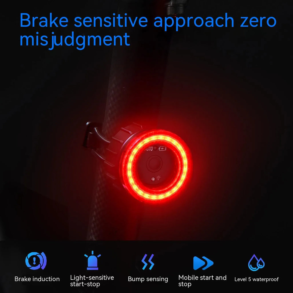 Black intelligent induction brake taillight with aluminium alloy housing and plastic seat tube bracket