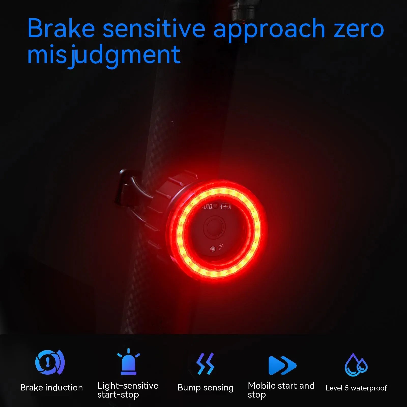 Black intelligent induction brake taillight with aluminium alloy housing and plastic seat tube bracket