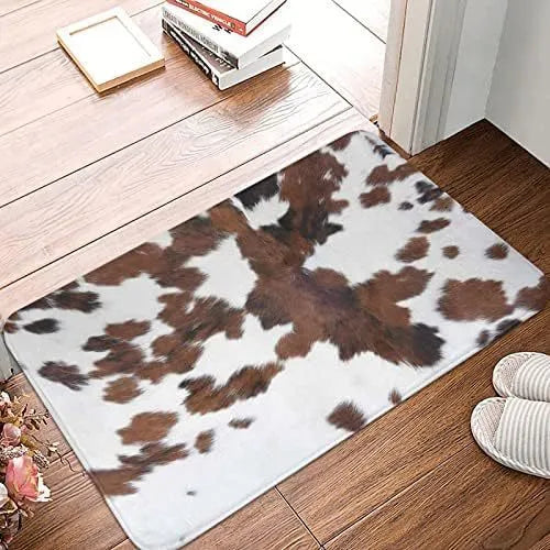 Square polyester floor mat showing coastal starfish and brown cow print design options.