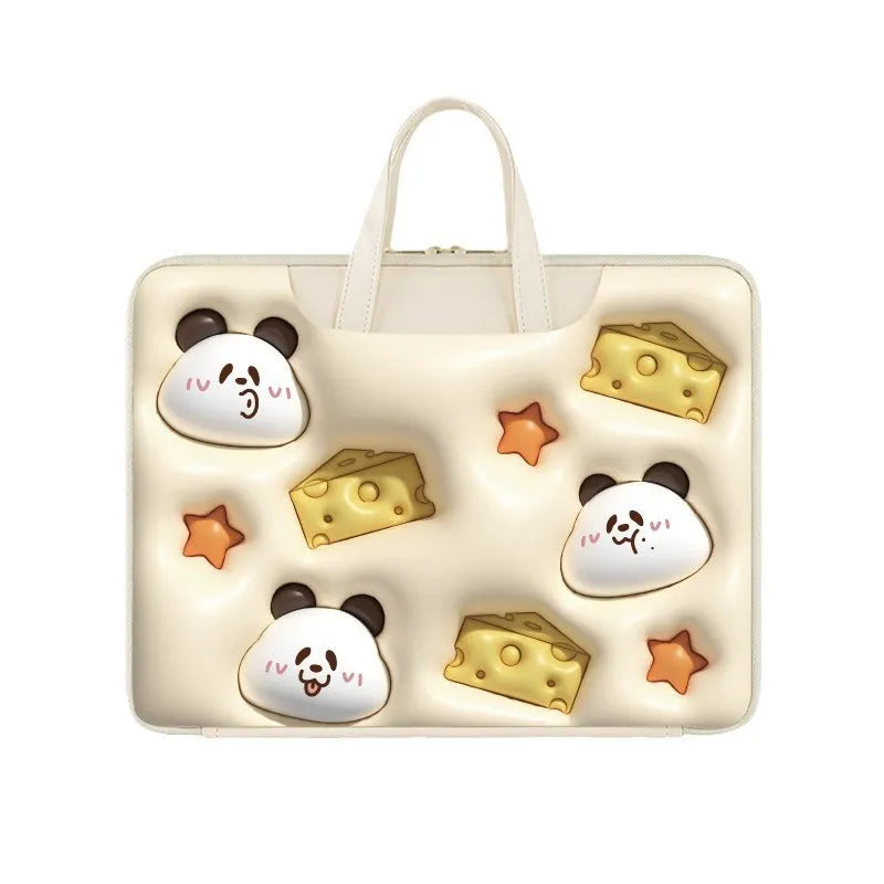 Inflatable PU leather laptop bag with suitcase hanger in cute panda print for a 15.6-inch device.