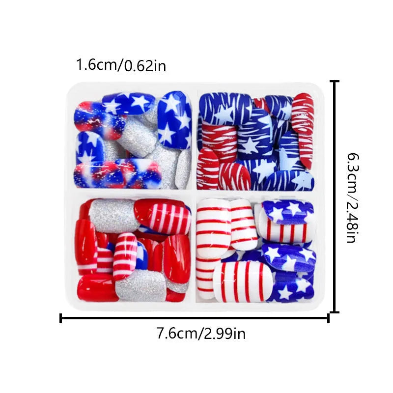Box of short European square artificial nails with red and blue glitter decoration.