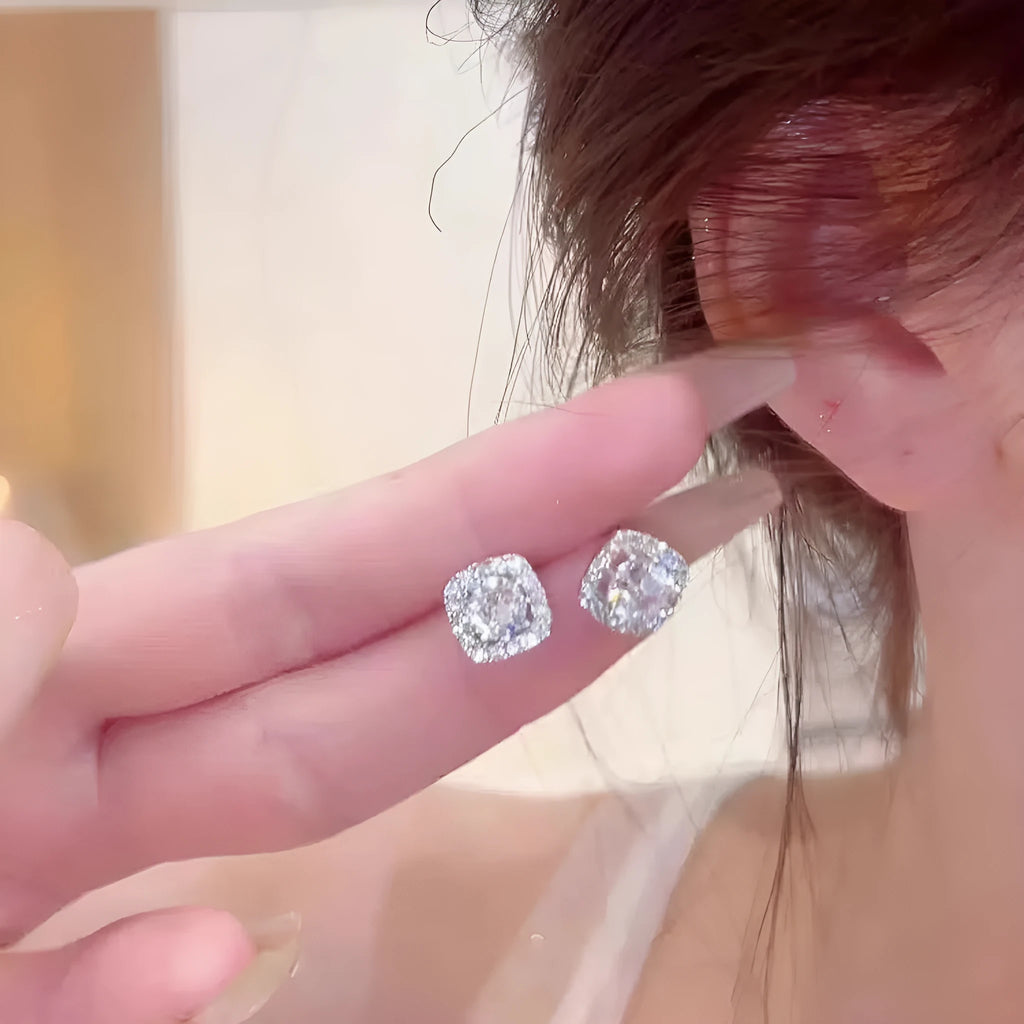 Women's square geometric diamond-effect earrings in silver and gold colour options