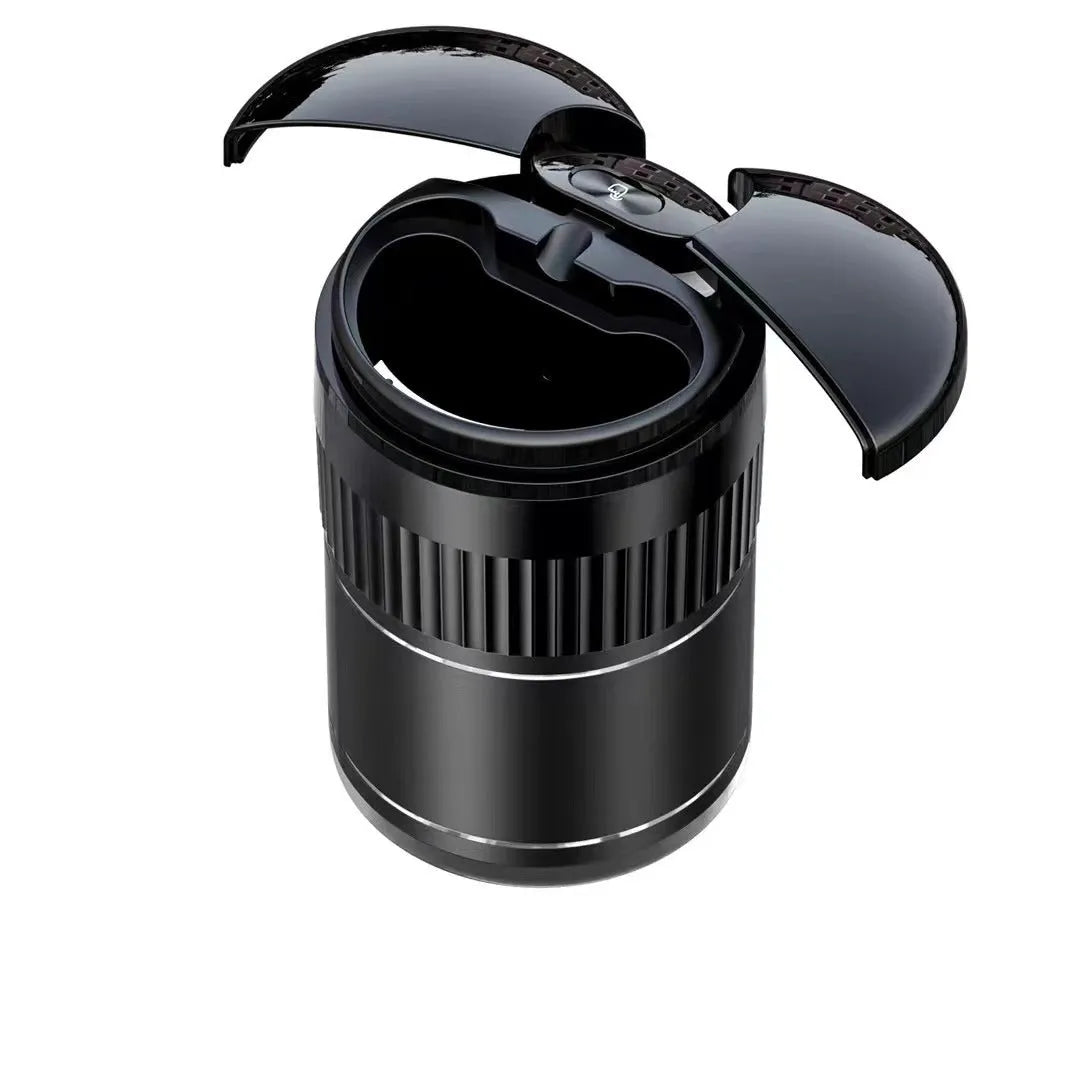 Metal car ashtray with automatic lid measuring 113mm by 72mm in multiple colours