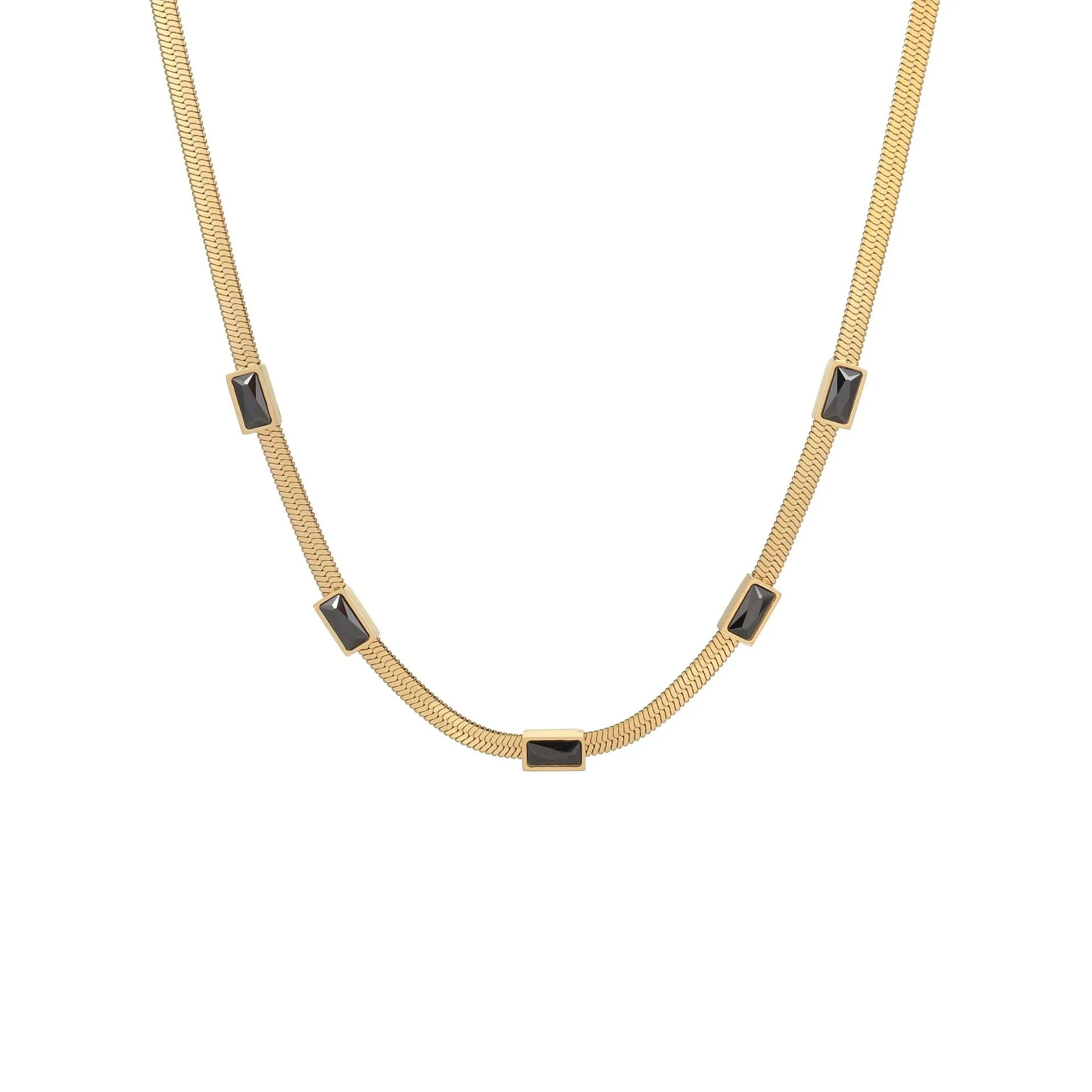 Retro geometric square zircon necklace in stainless steel with gold electroplating and flat snake-like chain links
