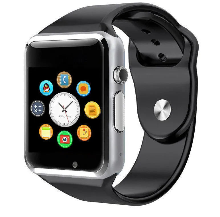 A1 smart watch with 1.54-inch screen showing Android interface, available in black silver white gold pink red green blue