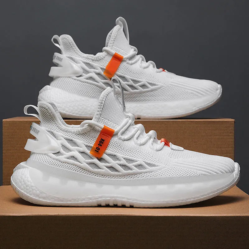 Men's white lace-up platform sneakers with mesh upper and flat rubber sole.