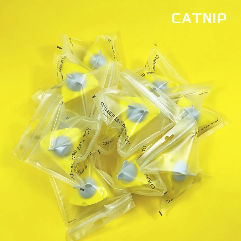 Yellow cheese-shaped catnip toy ball for cat dental care and play