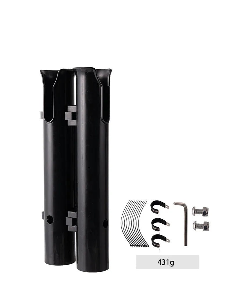 Plastic double-layer fishing rod rack clamped onto a bicycle frame tube