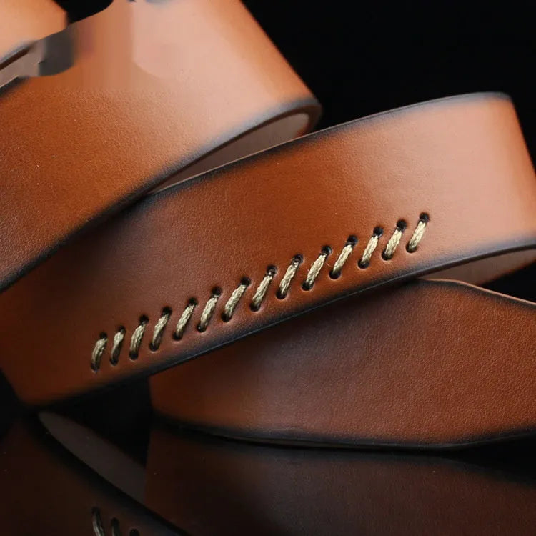 Men's black threading pattern casual belt with an alloy pin buckle, shown at 110cm length.