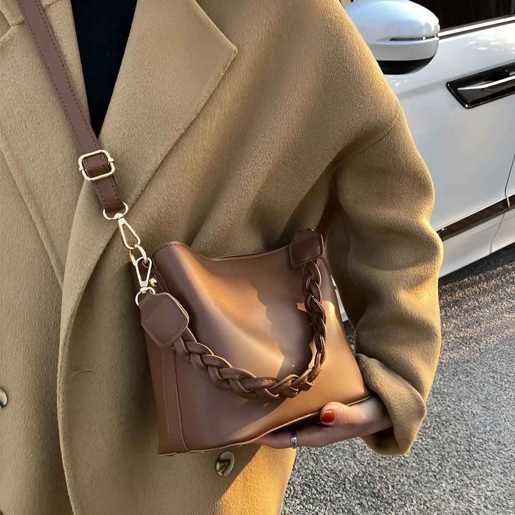 Retro woven texture PU leather crossbody bucket bag in khaki colour with underarm positioning
