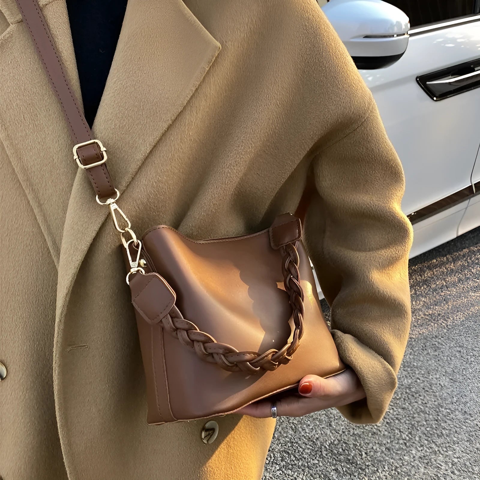 Retro woven texture PU leather crossbody bucket bag in khaki colour with underarm positioning