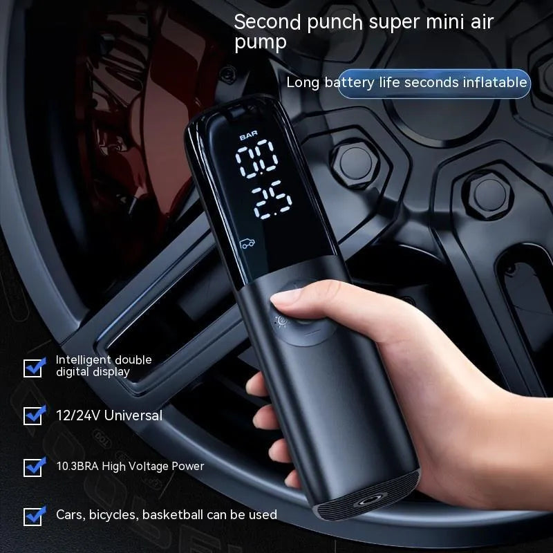 Black portable electric vehicle air pump with tyre pressure gauge and plug-in connector