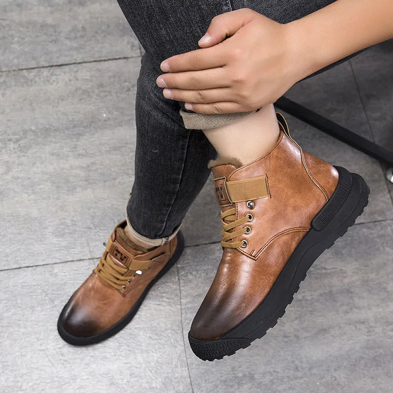 Black and brown high-top platform Martin boots for men with artificial PU uppers and visible stitching detail