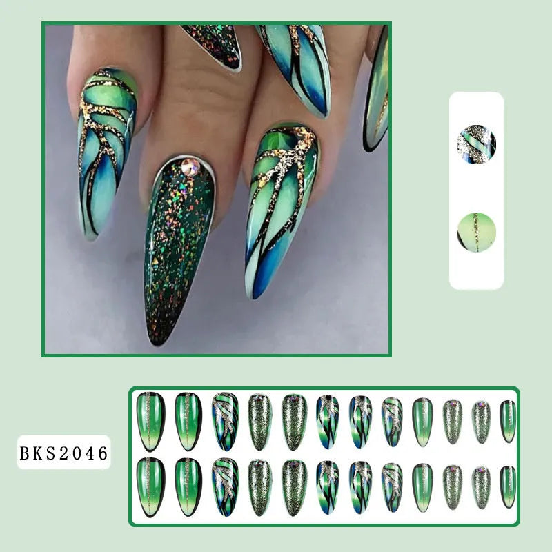 Almond-shaped false nail stickers with colourful rainbow plaid lines in four colour designs