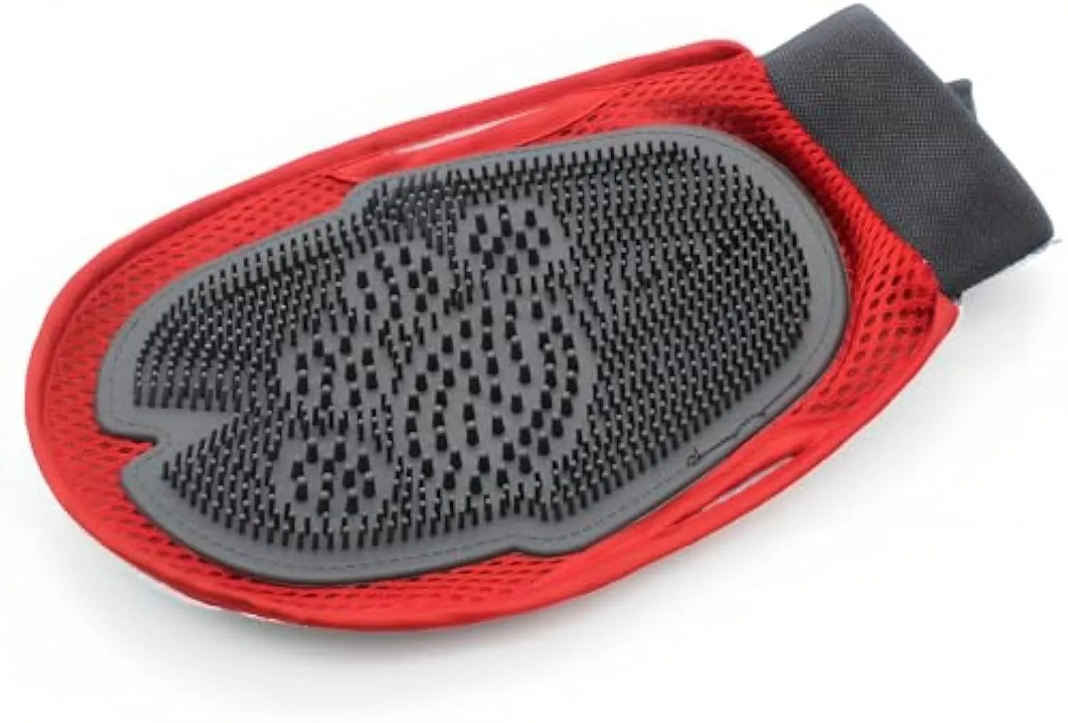 Red pet bathing glove with integrated brush design for dog and cat grooming during bath time