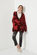 Loose fit printed checks cardigan knitwear in multiple colour options showing front view