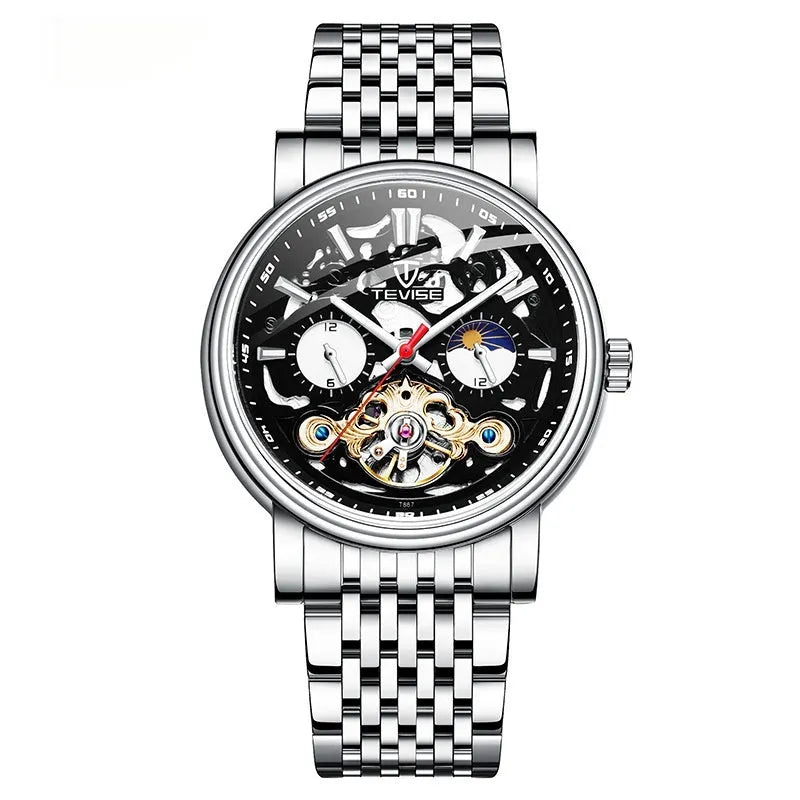 Men's mechanical watch with visible tourbillon, luminous dial, in rose black colour.