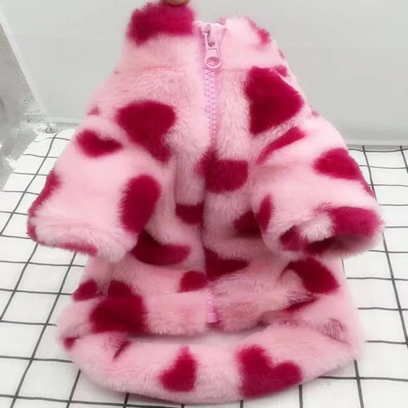 Pink British style polyester warm coat with ruffled collar on small Bichon dog