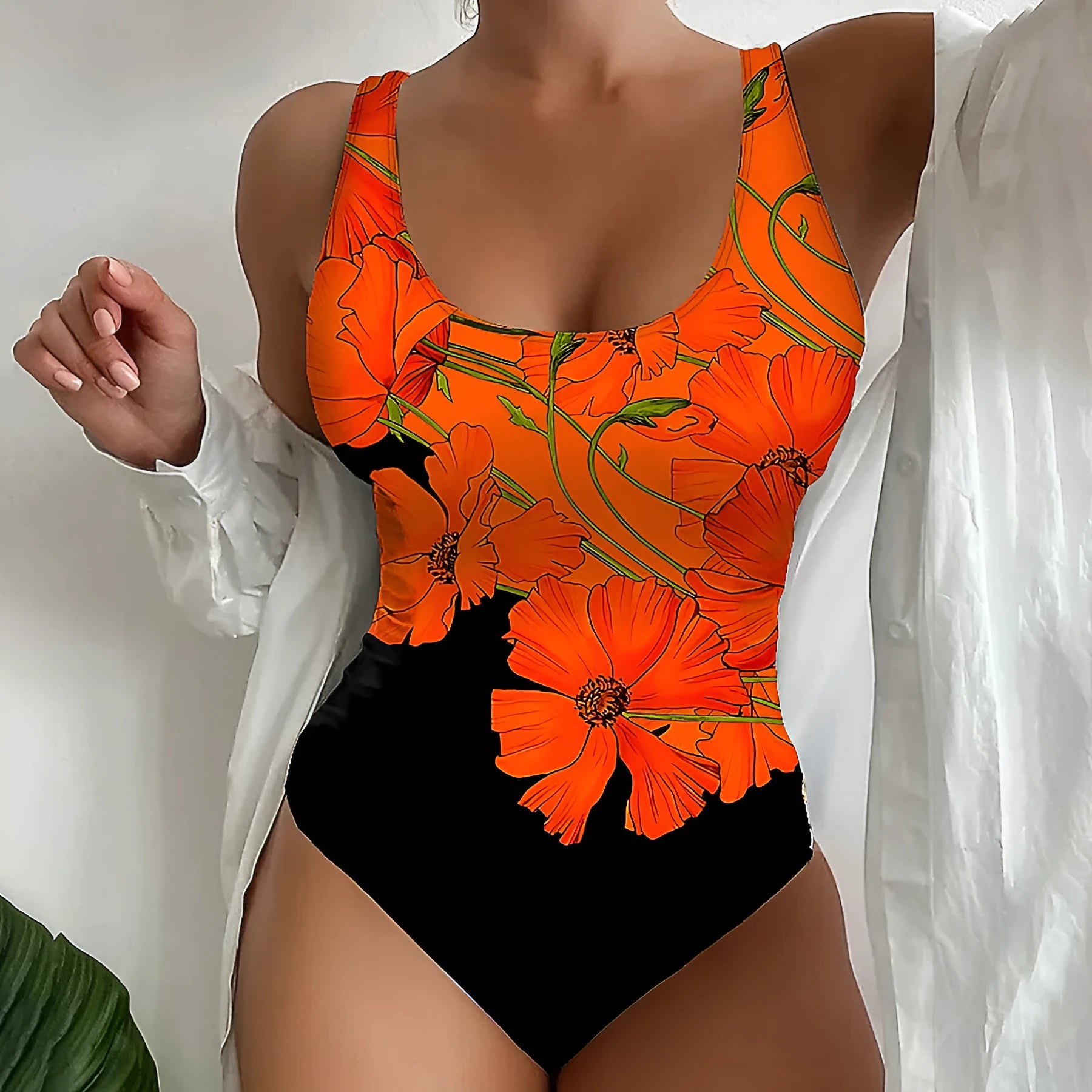 Orange flowers printed backless one-piece swimsuit in slim fit style made of polyester fabric