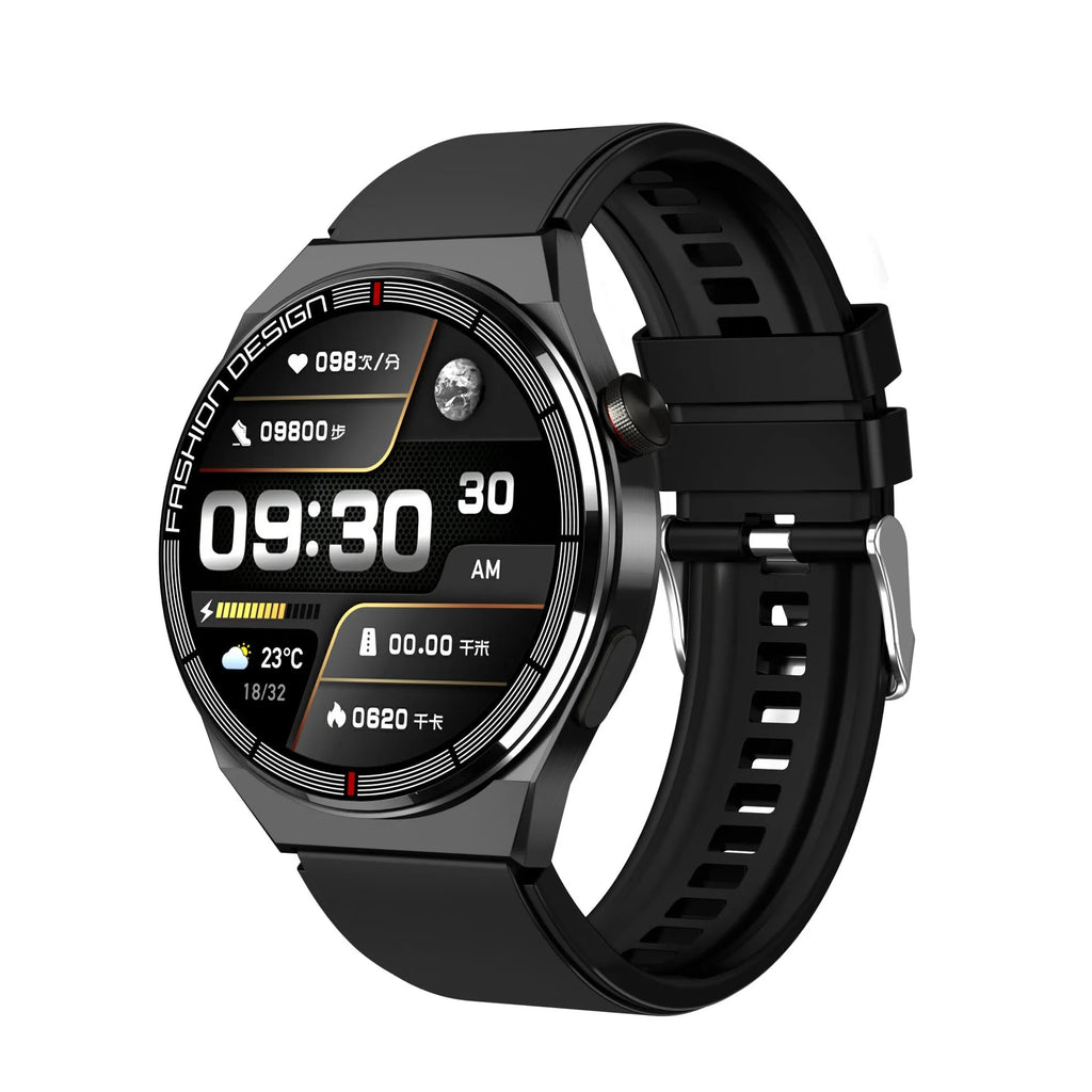 Black smartwatch with 1.28 inch screen showing heart rate and step count data on a silicone strap
