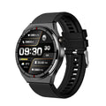 Black smartwatch with 1.28 inch screen showing heart rate and step count data on a silicone strap