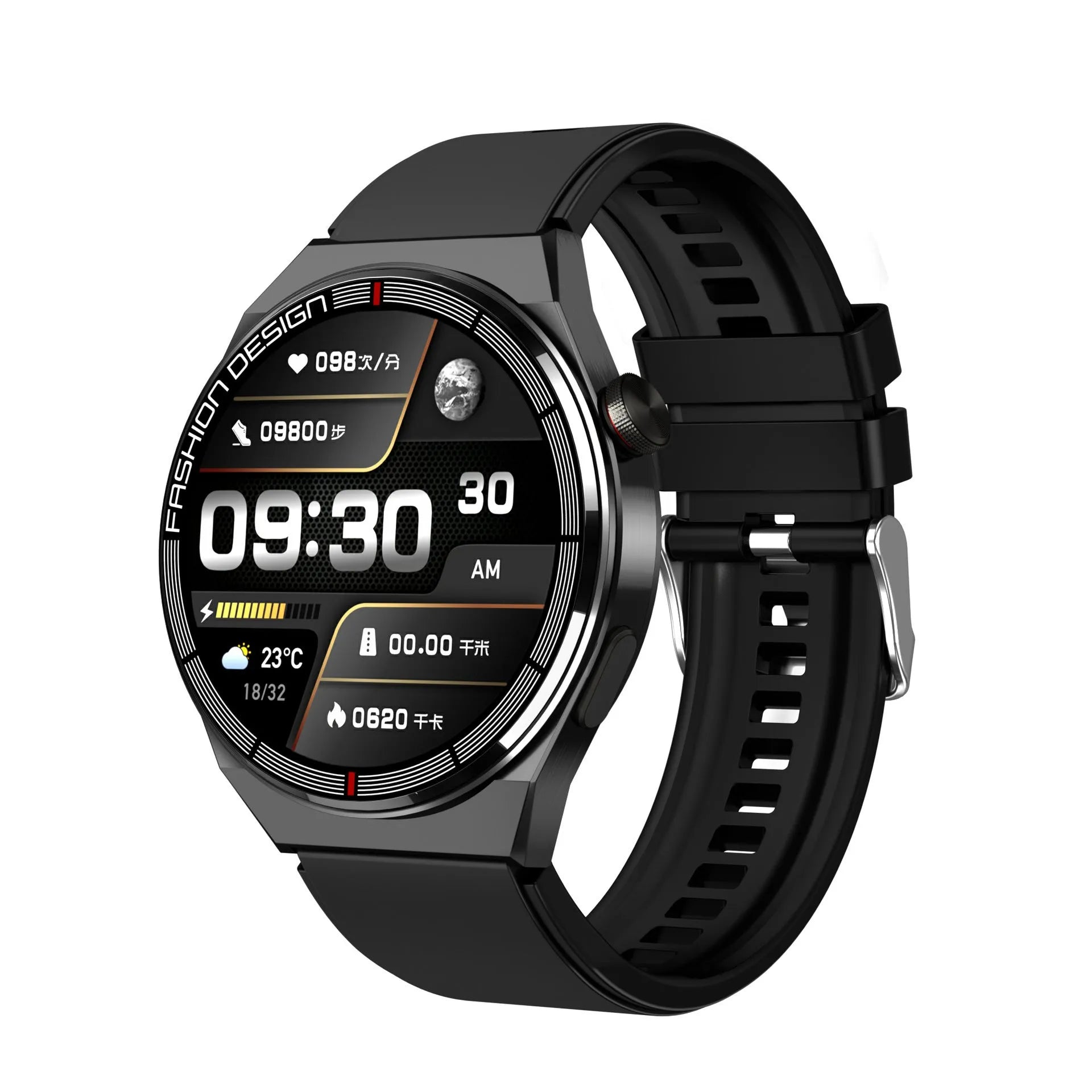 Black smartwatch with 1.28 inch screen showing heart rate and step count data on a silicone strap