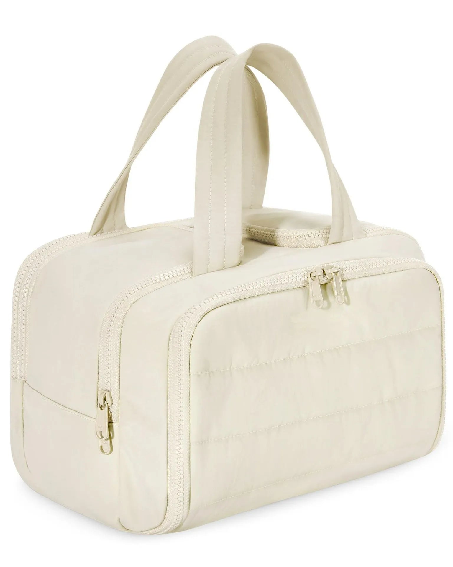 Large fluffy travel toiletry bag with wide open top, shown in a choice of colours.