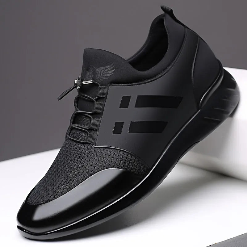 Men's black casual sneakers with a chunky heel for discreet height increase, available in leather or mesh.