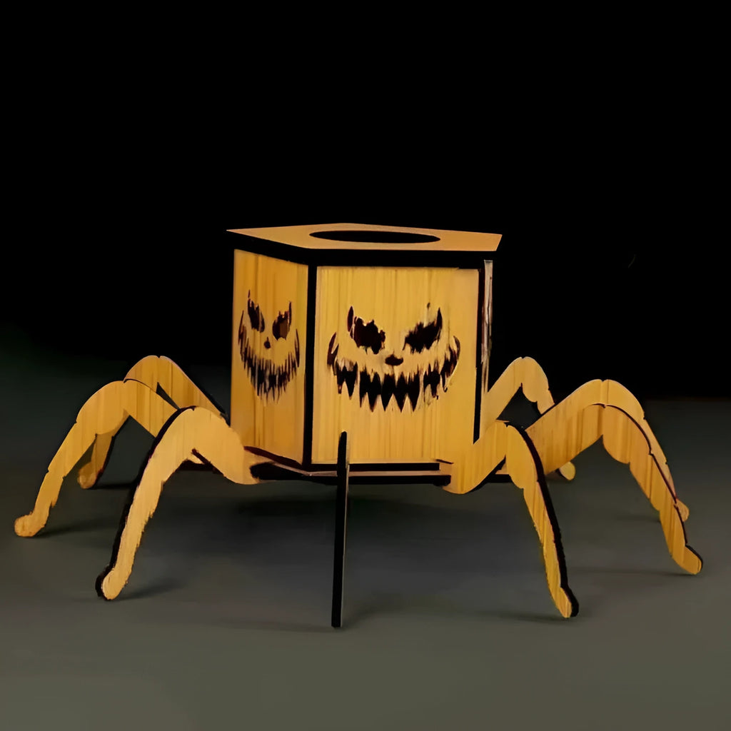 Wooden spider Halloween lantern candlestick decoration measuring 21cm by 8.5cm