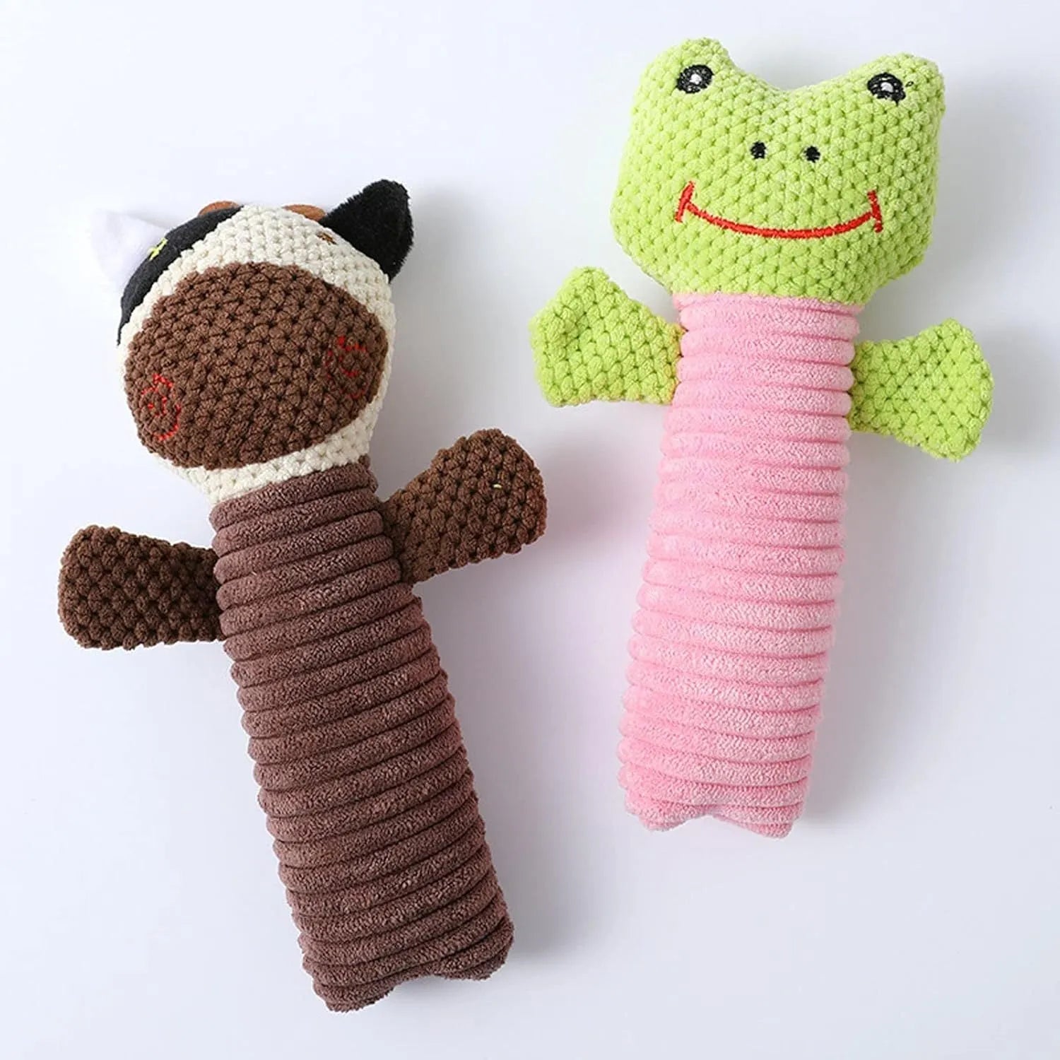 Squeaky plush dog chew toy in animal shape for dental cleaning, 19cm long