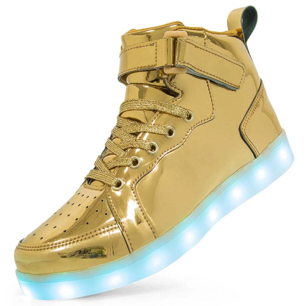 Unisex black LED high-top trainers with Velcro strap and glowing lights on the sole.