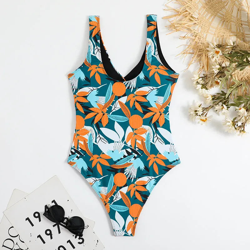Women's high-waist one-piece swimsuit with printed pattern in polyester fabric