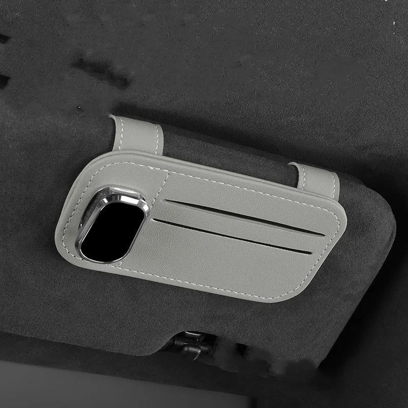 Car leather sunglasses holder with card storage in snap-on dashboard installation
