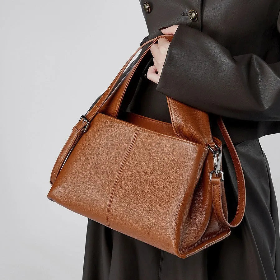 Women's genuine leather messenger bag in horizontal square shape with double shoulder strap