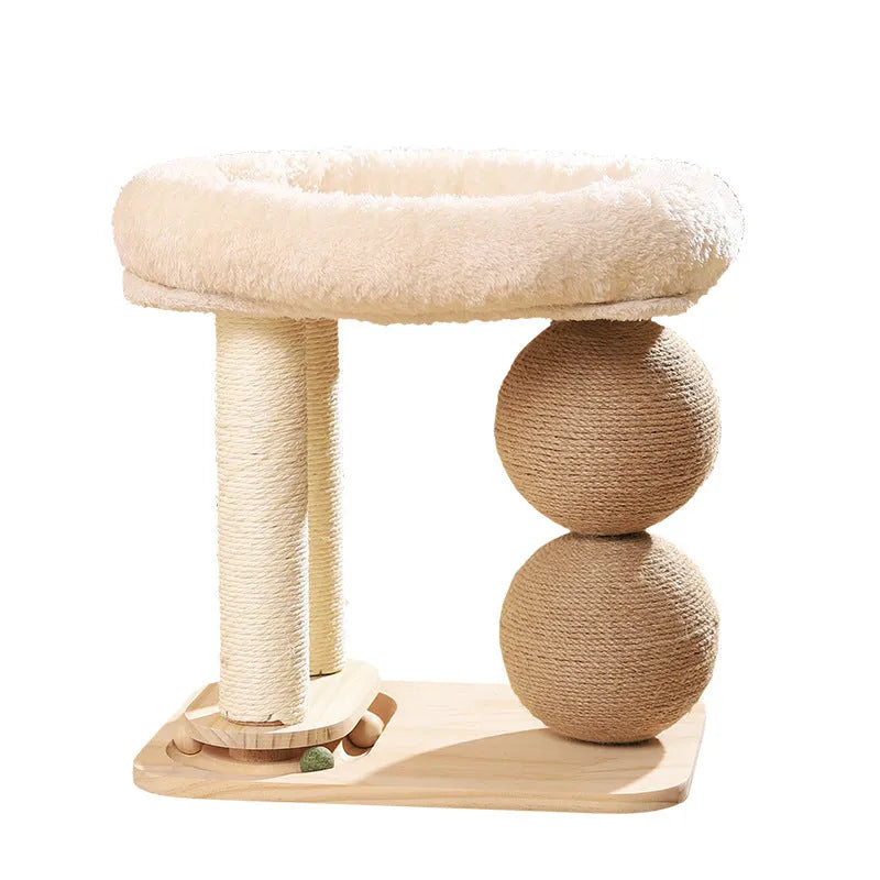 Pine wood cat nest with attached grasping balls in sisal and summer mat style options.