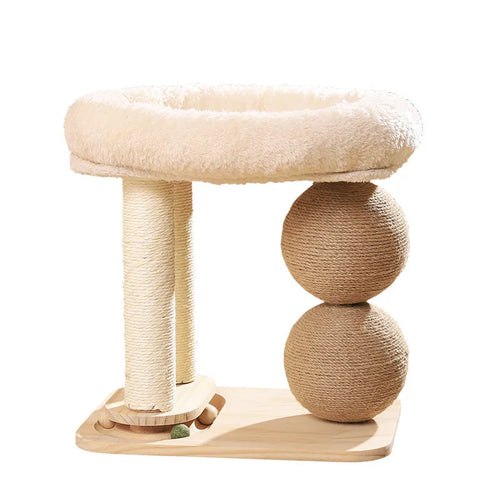Pine wood cat nest with attached grasping balls in sisal and summer mat style options.