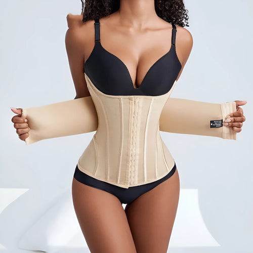 Nylon belly band waist trainer for tummy slimming in black and apricot colours.