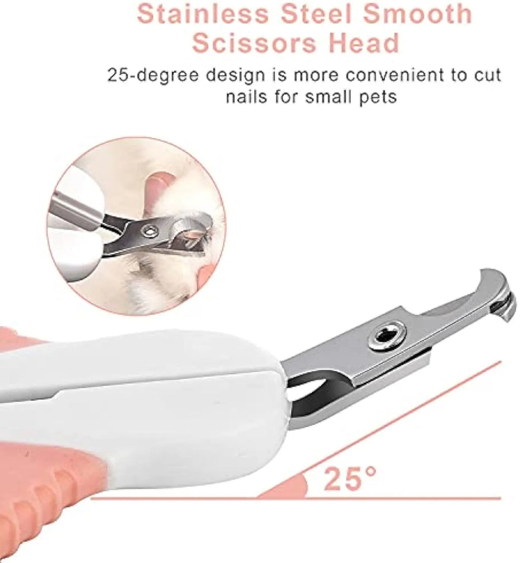 Grey and pink cat nail clippers with angled blade and safety lock for small pets