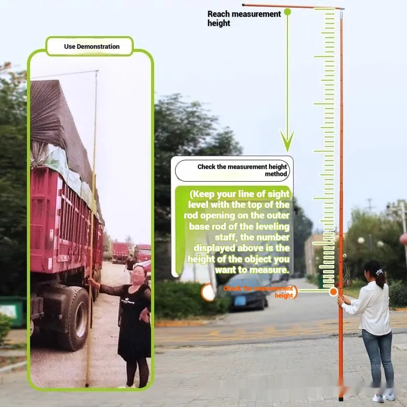 Telescopic fibreglass truck height measuring rod extended to show clear measurement scale