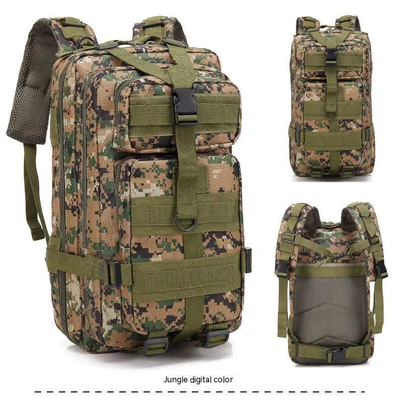 Large khaki hiking backpack with air pillow belt system for off-road mountaineering and outdoor sports