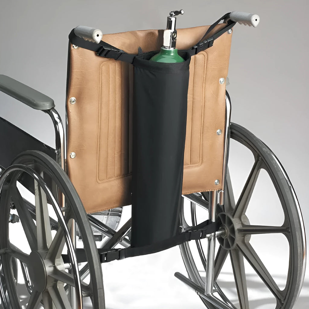 Black cylindrical wheelchair pannier bag for oxygen cylinder transport with Nordic design