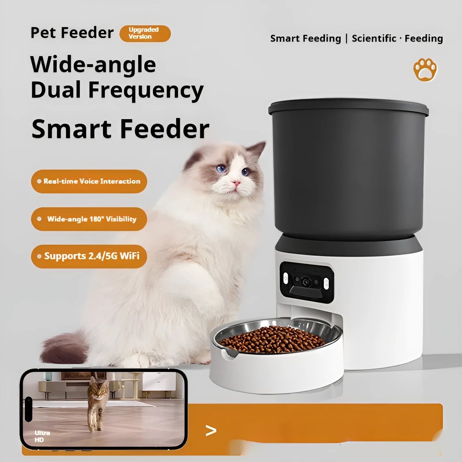 4 litre smart pet feeder with wifi remote control and optional rotating camera